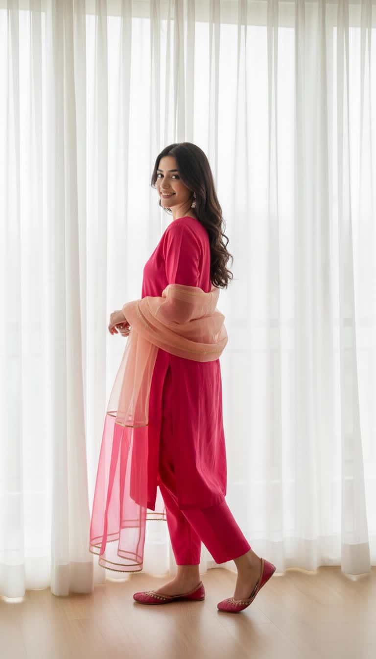 Premium Cotton Silk Pink Ethnic Suit With Lace Embellishment & Organza Dupatta.