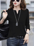 NISWA STYLE Elegant Women’s Blouse, Solid Color Long Sleeve V-Neck Shirt, Flowy Button-Up Formal Outfits