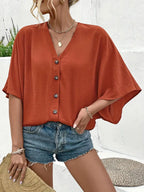V-Neck Batwing Sleeve Blouse, Button-Up Shirt With Front Pockets, Casual Short Sleeve  Blouse For Women