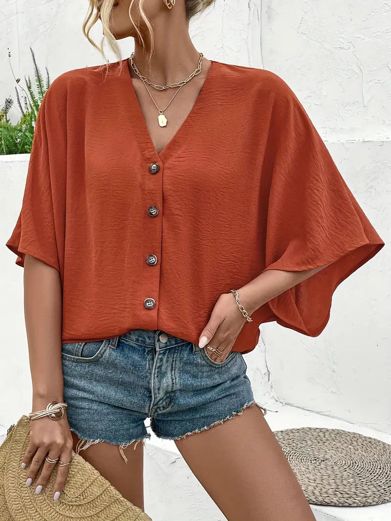 V-Neck Batwing Sleeve Blouse, Button-Up Shirt With Front Pockets, Casual Short Sleeve  Blouse For Women
