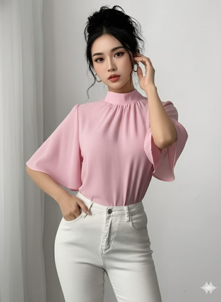 Women's Elegant French-Inspired Half-Turtleneck Blouse – Chic Chiffon Top With Puffed Sleeves, Non-See-Through Design, Tailored Fit