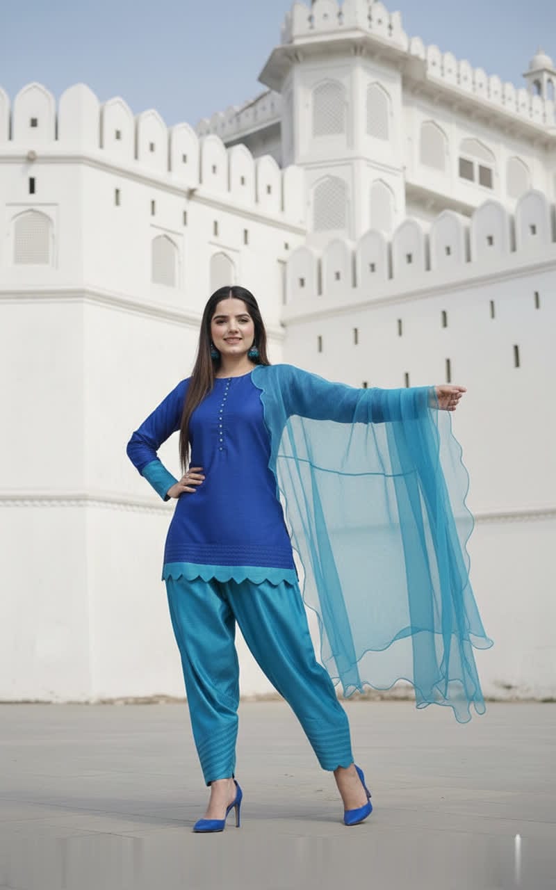 Premium Three Piece Cotton Silk Suit With Organza Dupatta - Stitched Shirt & Trouser Set