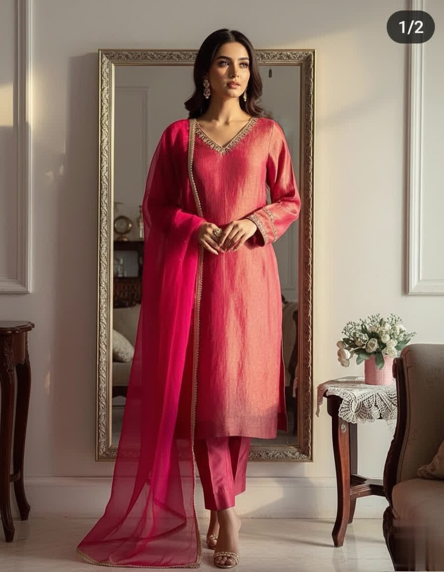 Elegant Shimmer Silk Ethnic Wear Set – Straight Kurta With V-Neck, Chiffon Dupatta & Shantoon Bottoms.