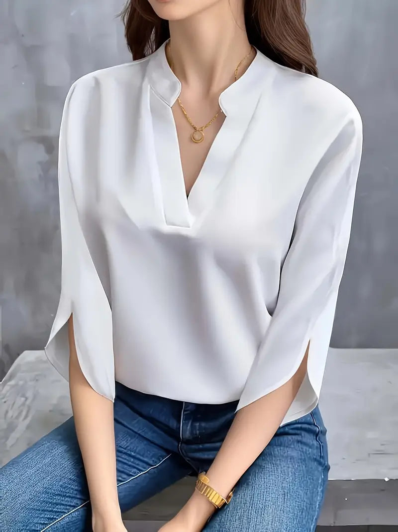 Mid-Sleeve Stand-Up Collar Top, Elegant Casual And Formal Wear, Sophisticated Flowing Silhouette