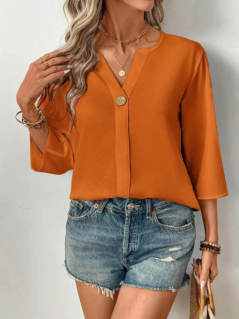 NISWA STYLE Elegant V-Neck Long Sleeve Blouse, Loose Fit Solid Color Button-Up Shirt With Faux Buttons, Lightweight Top For Casuall And Formal Wear