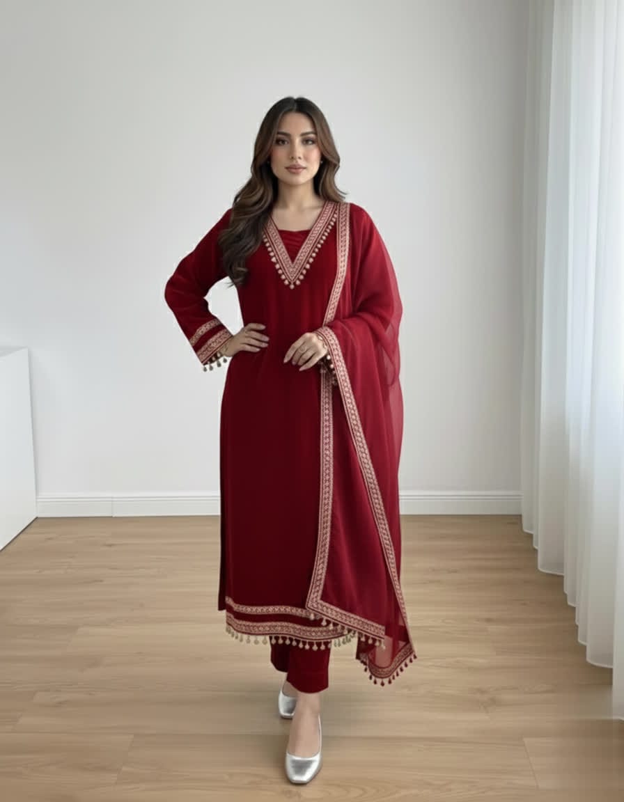 Elegant Women’s 3 Piece Velvet Dress With Lace Work & Chiffon Dupatta Lace Embellishment Sophisticated Ethnic Wear- Festive Edition