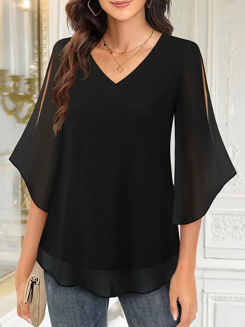 Elegant V-Neck Shirting Blouse, 3/4 Sleeve Top With Double Layer Mesh, Hollow Details, Casual & Formal Blouse