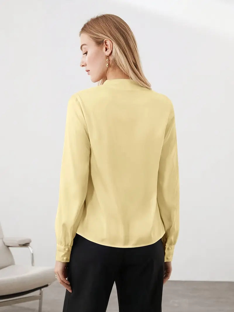 Elegant V-Neck Blouse, Satin Puff Sleeve Top With Buttons, Versatile Fashion