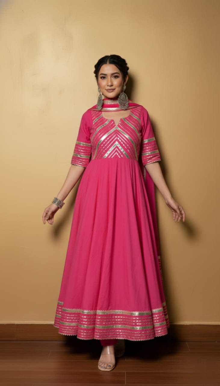 Premium Black Gota Patti Anarkali Pant Set For Women – Silk Long Anarkali With Different Shade Chiffon Dupatta & Embellished Pants.