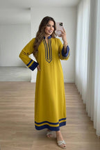 Neon Green Contemporary Long Dress For Women – Elegant Blue Border Detail, Flowing Sleeves & Modern Modest Wear