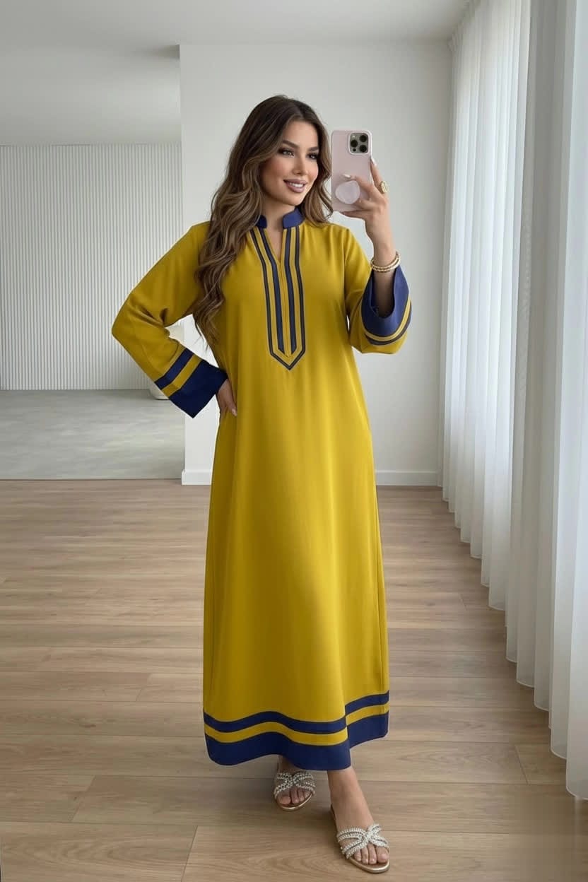 Neon Green Contemporary Long Dress For Women – Elegant Blue Border Detail, Flowing Sleeves & Modern Modest Wear