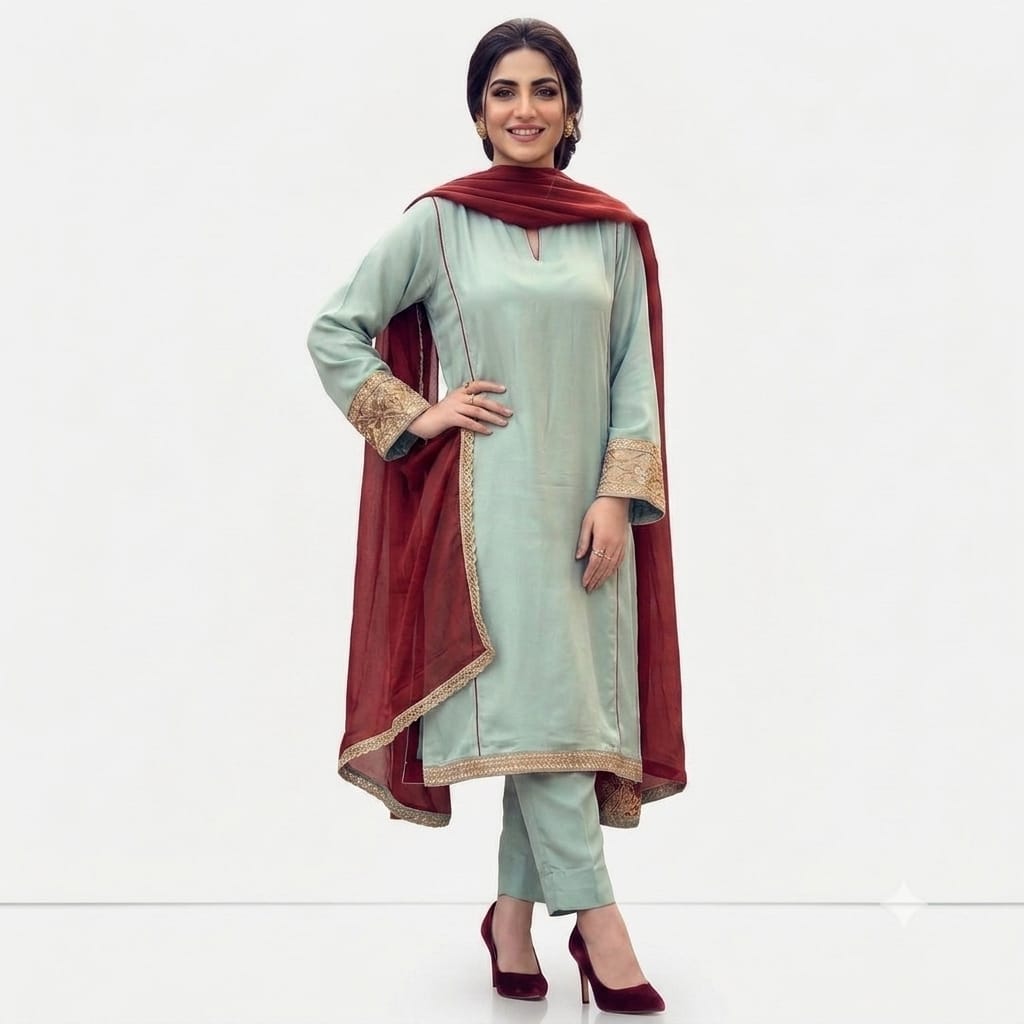 Mint Green Straight Kurta & Maroon Dupatta