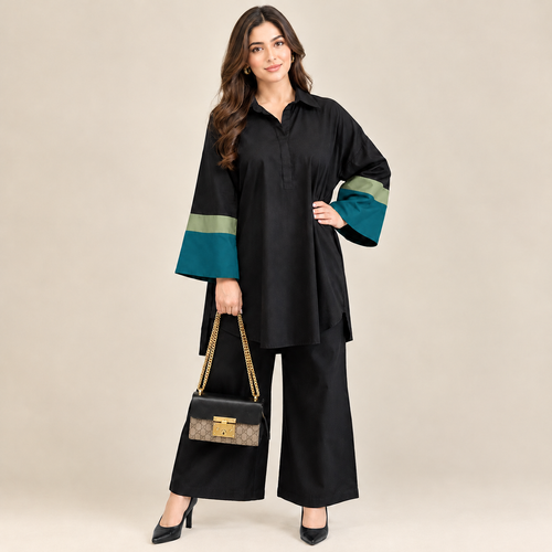 Black Color Block Cotton Co-ord Set