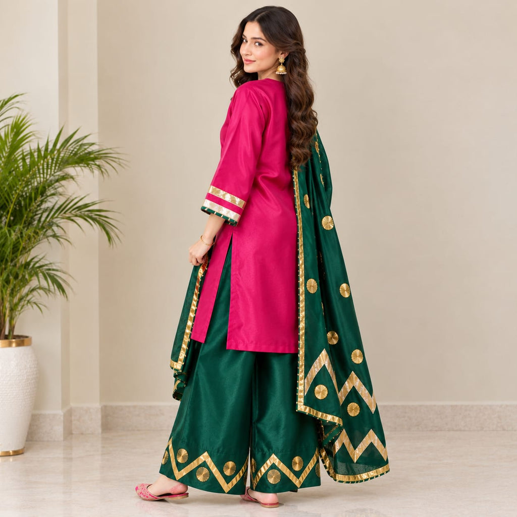 Fuchsia Pink & Bottle Green Gota Patti Festive Wear Suit