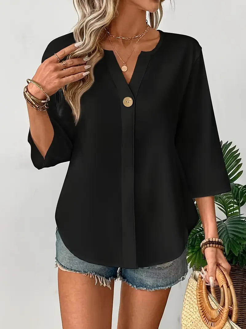 NISWA STYLE Elegant V-Neck Long Sleeve Blouse, Loose Fit Solid Color Button-Up Shirt With Faux Buttons, Lightweight Top For Casuall And Formal Wear