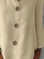 Classy Loose-Fit Blouse, Round Neck Short Sleeve Top With Decorative Button Details, Relaxed Fit, Everyday & Leisure Outfits