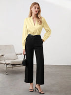 Elegant V-Neck Blouse, Satin Puff Sleeve Top With Buttons, Versatile Fashion
