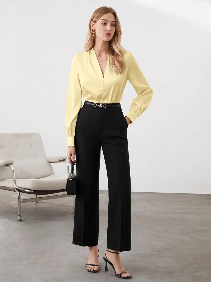 Elegant V-Neck Blouse, Satin Puff Sleeve Top With Buttons, Versatile Fashion