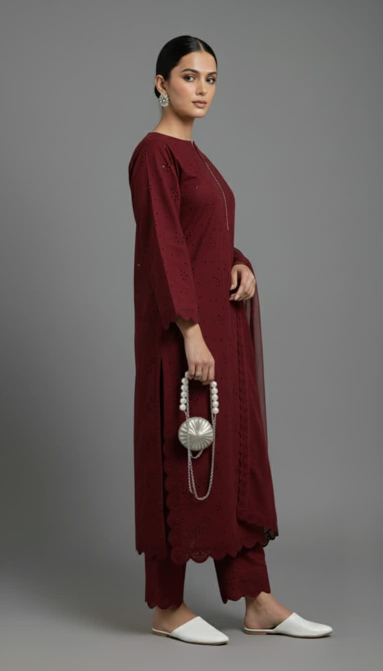 Premium Chikankari Salwar Kameez –  Long Shirt With Scallop Border, Cotton Trouser & Elegant Dupatta - New Light-Shade Collection For Women