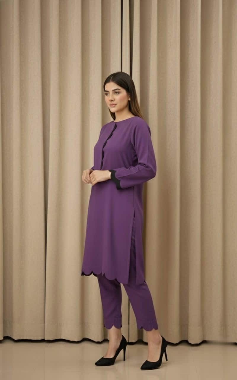 Elegant Cotton 2-Piece Suit – Crew-Neck Chori Piping Shirt With Cutwork Sleeves & Reet Design Trouser | Latest Stylish Women’s Outfit.