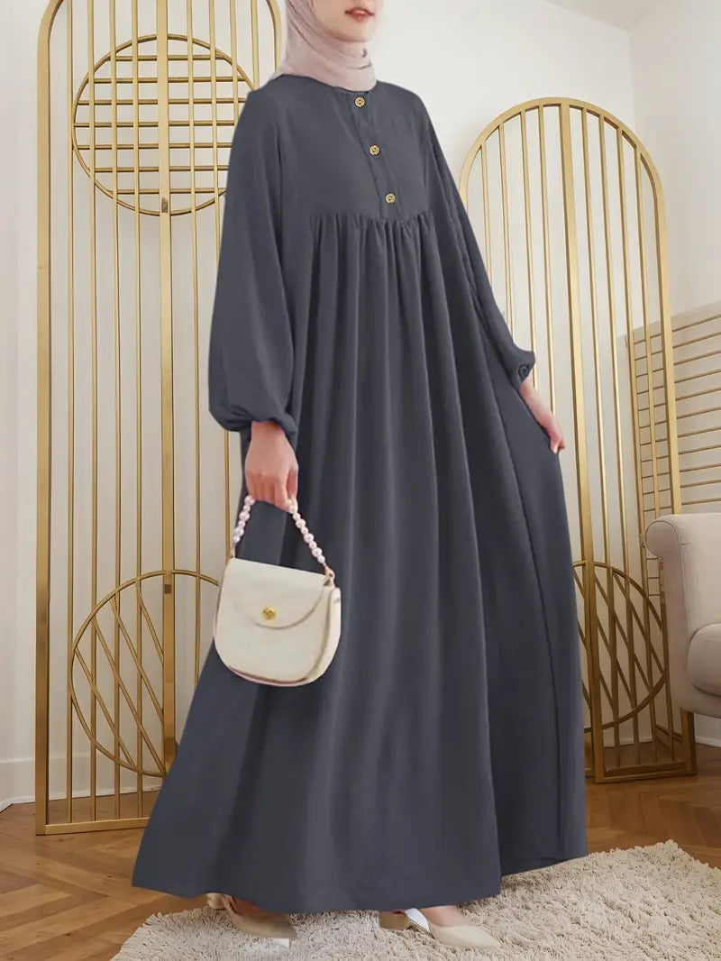 Elegant Long Sleeve Kaftan Dress, Modest Fashion Loose Fit With Button-Front Design, Smooth Fabric, Perfect For Casual & Formal Wear