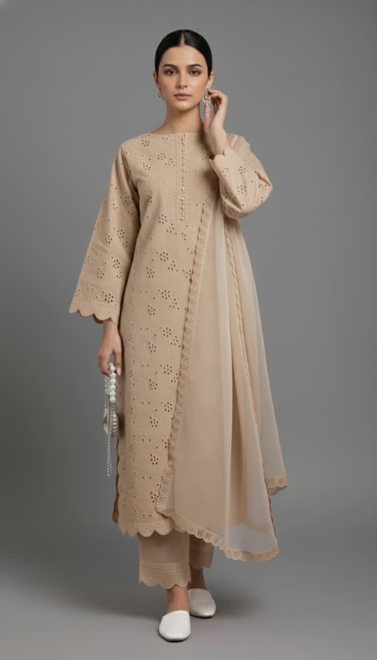 Premium Chikankari Salwar Kameez –  Long Shirt With Scallop Border, Cotton Trouser & Elegant Dupatta - New Light-Shade Collection For Women