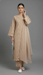 Premium Chikankari Salwar Kameez –  Long Shirt With Scallop Border, Cotton Trouser & Elegant Dupatta - New Light-Shade Collection For Women