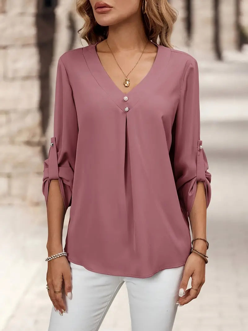 Button-Up Women’s Shirt, V-Neck Long Sleeve Blouse With Sophisticated Design, Casual And Office Fashion Top