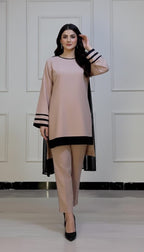 Minimalist Beige Straight Kurta & Trouser Set With Black Stripe Contrast, Premium Rayon Comfort And Elegant Chiffon Dupatta.
