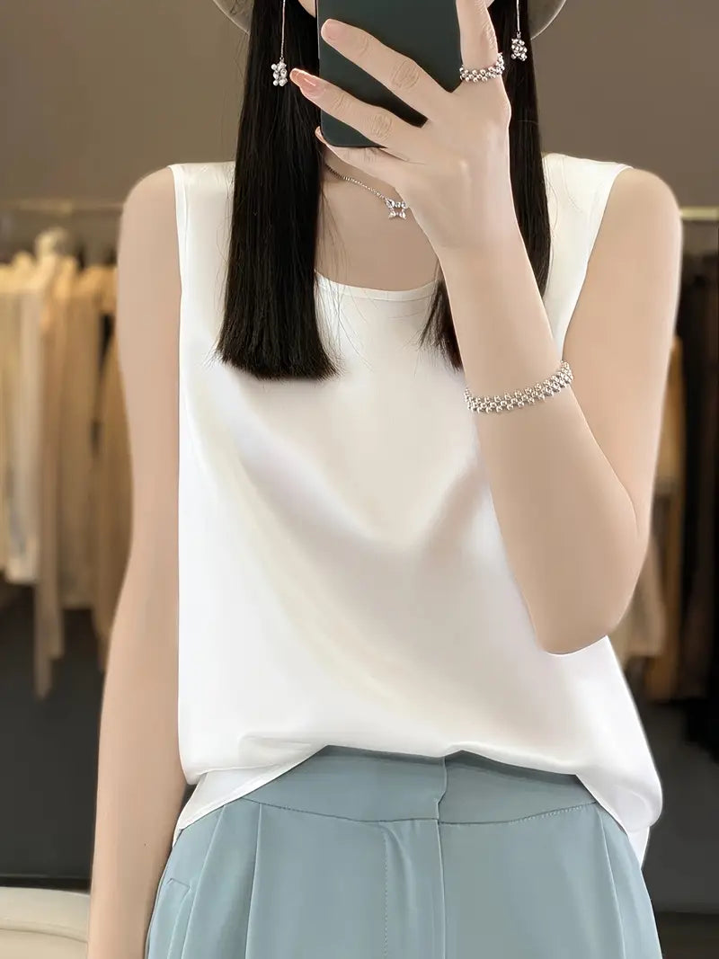 Elegant Low-Neck Sleeveless Tank Top – Semi-Sheer Stretchy Shirt, Layering Piece, Lightweight Top For Casual Wear