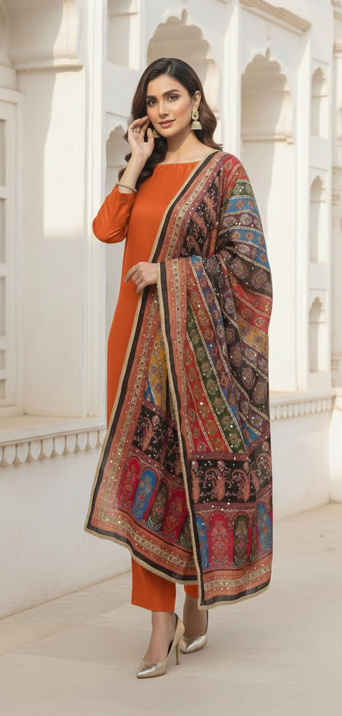 Colourful Ethnic Suit Set With Spectacular Embellished Mirrored Dupatta