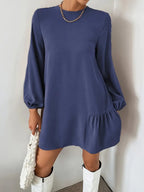 Elegant Navy Blue A-Line Dress – Puff Sleeve Short Dress With Flared Hem & Round Neck | Wrinkle-Resistant