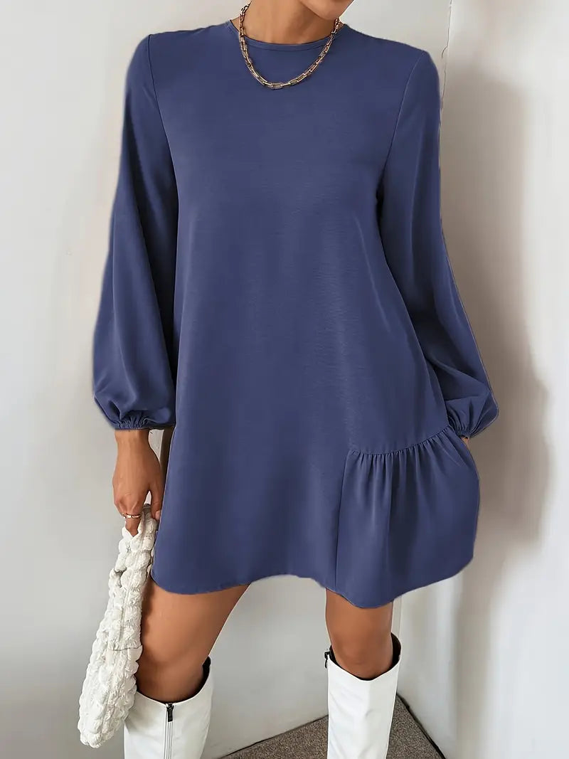 Elegant Navy Blue A-Line Dress – Puff Sleeve Short Dress With Flared Hem & Round Neck | Wrinkle-Resistant