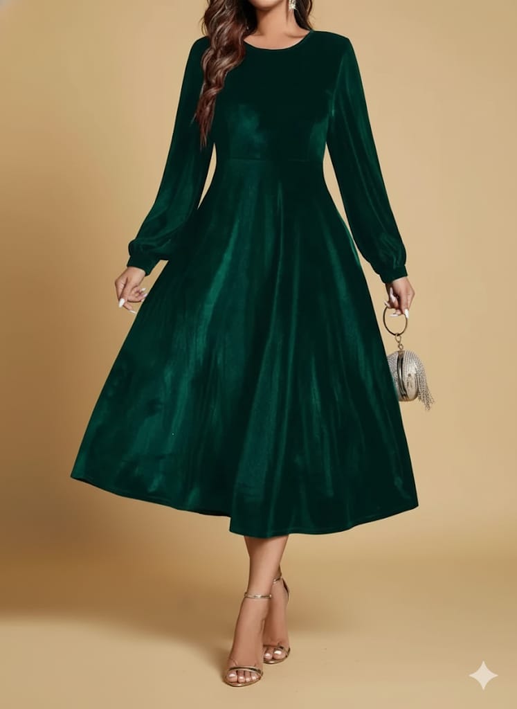 Women’s Green Elegant Fitted Dress – Long Sleeve A-Line Gown | Formal Evening & Party Wear | Round Neck | Elegant Outfit
