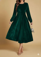 Women’s Green Elegant Fitted Dress – Long Sleeve A-Line Gown | Formal Evening & Party Wear | Round Neck | Elegant Outfit
