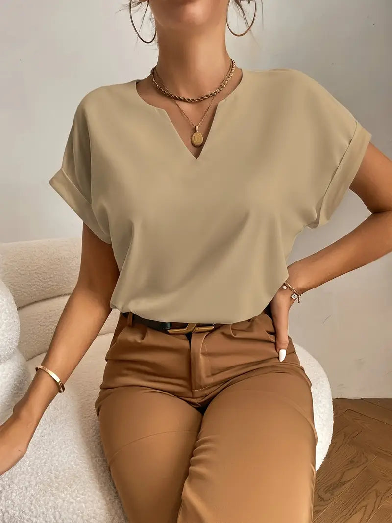 Casual V-Neck Short Sleeve Blouse, Lightweight Pullover Top, Stylish Shirt For Office And Casual Wear