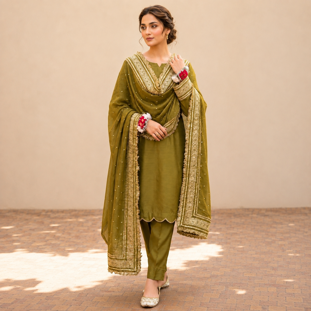 Olive Green Luxury Pret Three-Piece Suit With Gold Lace