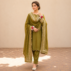 Olive Green Luxury Pret Three-Piece Suit With Gold Lace