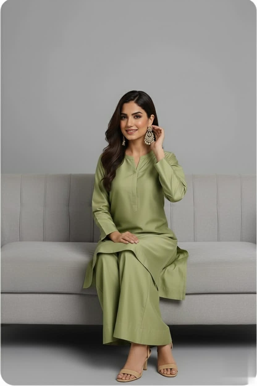 Premium Silk Bell- Bottom Suit – Olive Green Kameez With Wide-Flare Trouser - Elegant Women’s 2-Piece Outfit