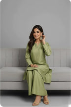 Premium Silk Bell- Bottom Suit – Olive Green Kameez With Wide-Flare Trouser - Elegant Women’s 2-Piece Outfit