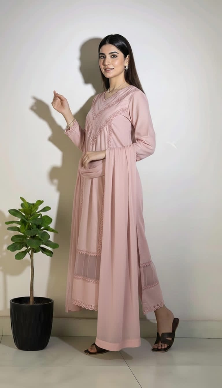 Cotton Lace Kurta Set For Women – 3 Piece Ethnic Suit With Chiffon Dupatta. |