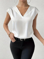 Elegant V-Neck Drop Shoulder Short Sleeve Blouse, Lightweight Breathable Fabric, Casual And Formal Top