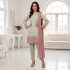 Pastel Green Luxury Pret Suit With Pink Lace Detailing