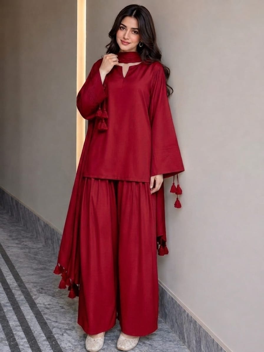 Deep Red Pure Lawn Farshi Shalwar Three -Piece Suit