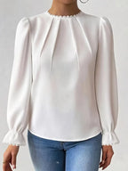 Elegant Lace Trim Blouse – Long Sleeve Round Neck Shirt, Sophisticated Workwear, Classic Feminine Top