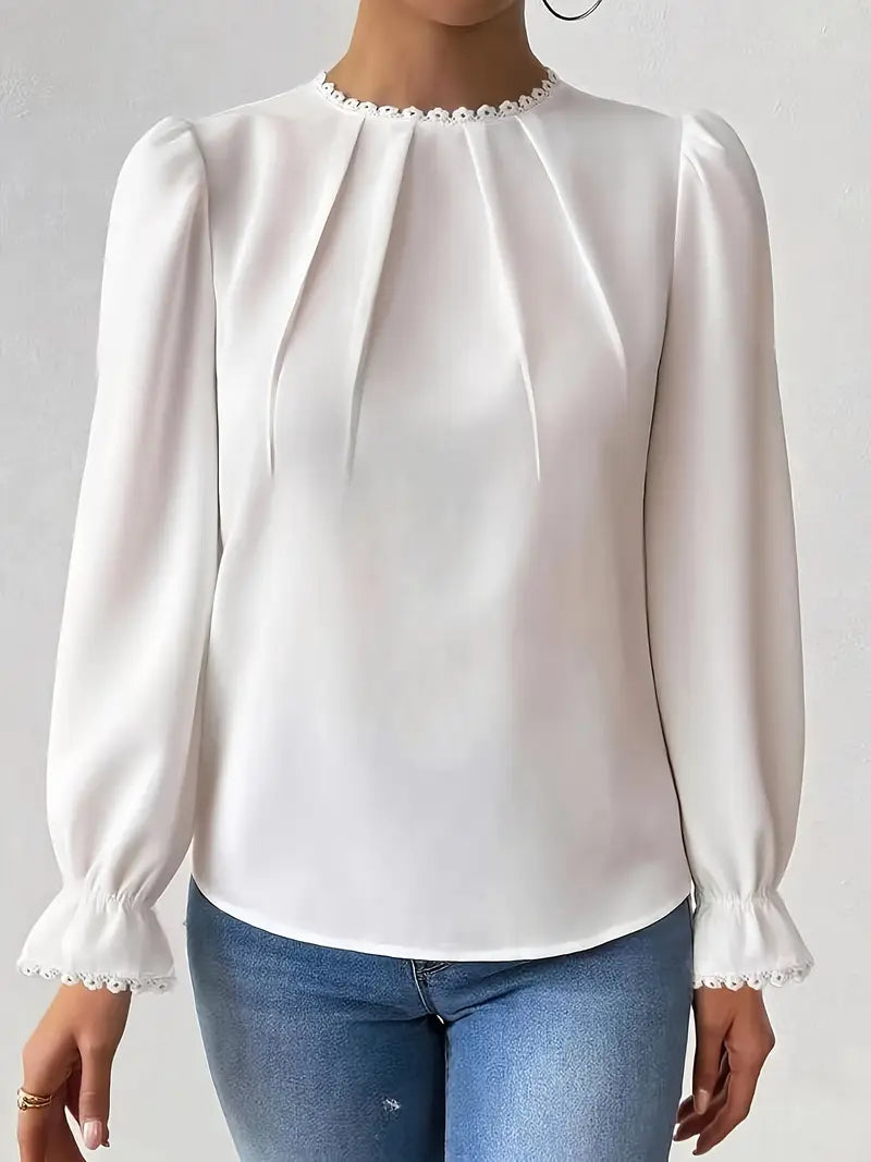 Elegant Lace Trim Blouse – Long Sleeve Round Neck Shirt, Sophisticated Workwear, Classic Feminine Top