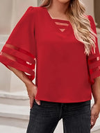 Elegant V-Neck T-Shirt – 3/4 Sleeve  Blouse With Breathable Mesh Panel Top For Casual & Everyday Wear