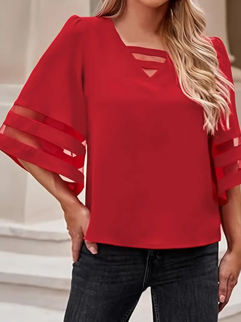 Elegant V-Neck T-Shirt – 3/4 Sleeve  Blouse With Breathable Mesh Panel Top For Casual & Everyday Wear