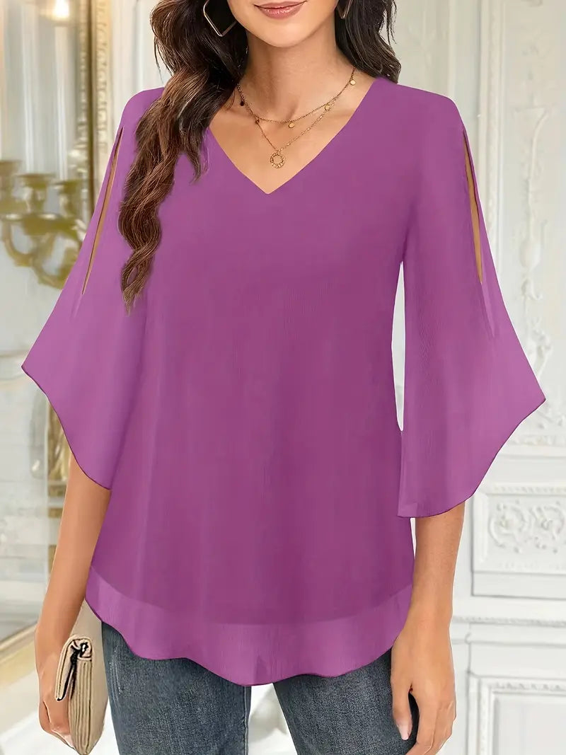 Elegant V-Neck Shirting Blouse, 3/4 Sleeve Top With Double Layer Mesh, Hollow Details, Casual & Formal Blouse