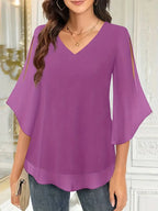 Elegant V-Neck Shirting Blouse, 3/4 Sleeve Top With Double Layer Mesh, Hollow Details, Casual & Formal Blouse